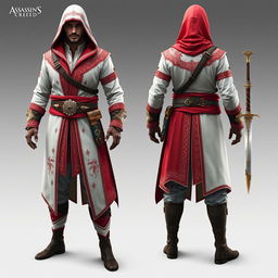 A full Assassin's Creed outfit designed for a male character, featuring a striking combination of white and red colors