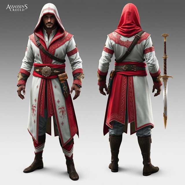 A full Assassin's Creed outfit designed for a male character, featuring a striking combination of white and red colors