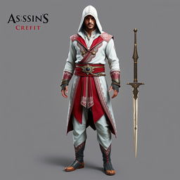 A full Assassin's Creed outfit designed for a male character, featuring a striking combination of white and red colors