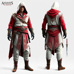 A full Assassin's Creed outfit designed for a male character, featuring a striking combination of white and red colors