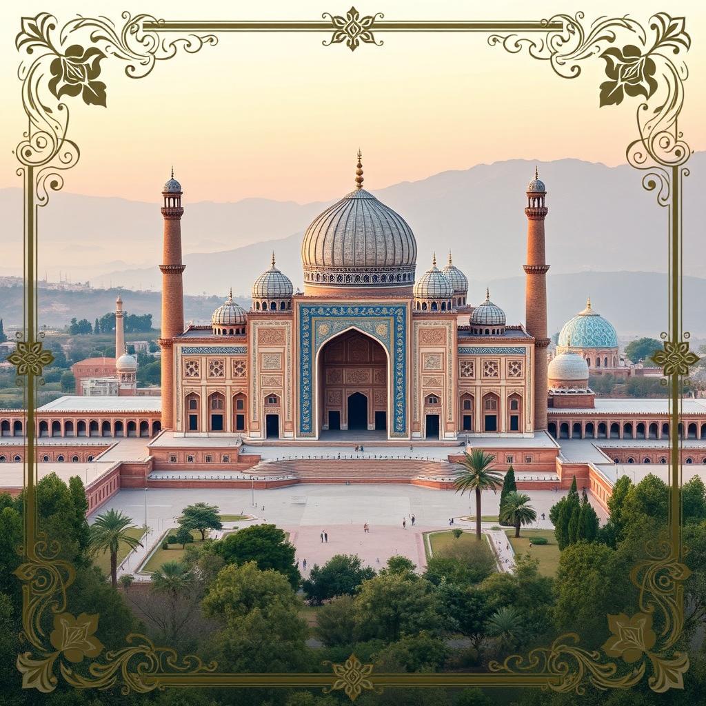 A beautifully designed digital postcard background featuring a stunning view of Ali Qapu Palace, one of Isfahan's most iconic landmarks
