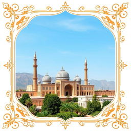 A beautifully designed digital postcard background featuring a stunning view of Ali Qapu Palace, one of Isfahan's most iconic landmarks
