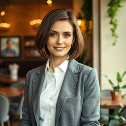 An elegant Russian woman aged 35 to 45, featuring a stylish bob haircut that frames her face beautifully