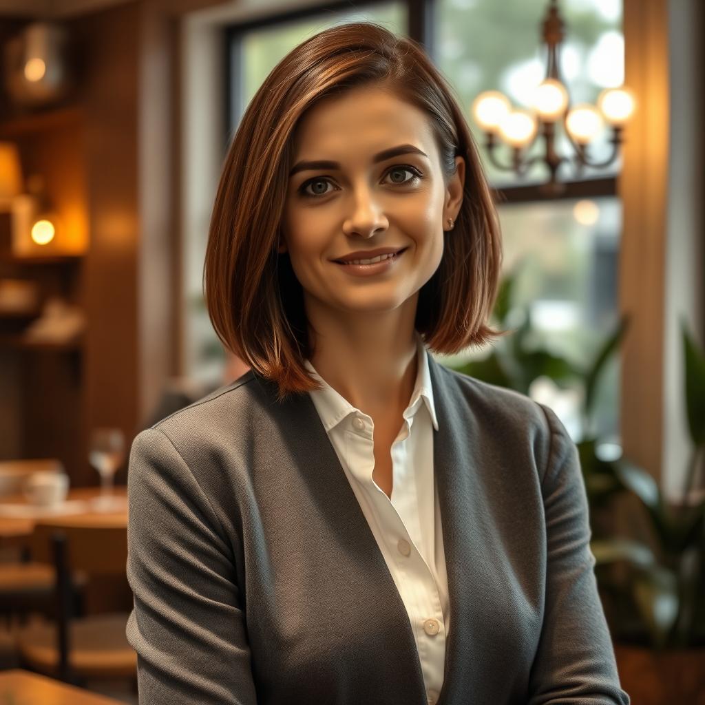 An elegant Russian woman aged 35 to 45, featuring a stylish bob haircut that frames her face beautifully
