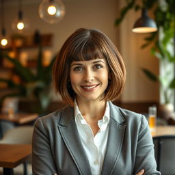 An elegant Russian woman aged 35 to 45, featuring a stylish bob haircut that frames her face beautifully