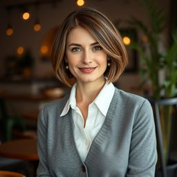 An elegant Russian woman aged 35 to 45, featuring a stylish bob haircut that frames her face beautifully