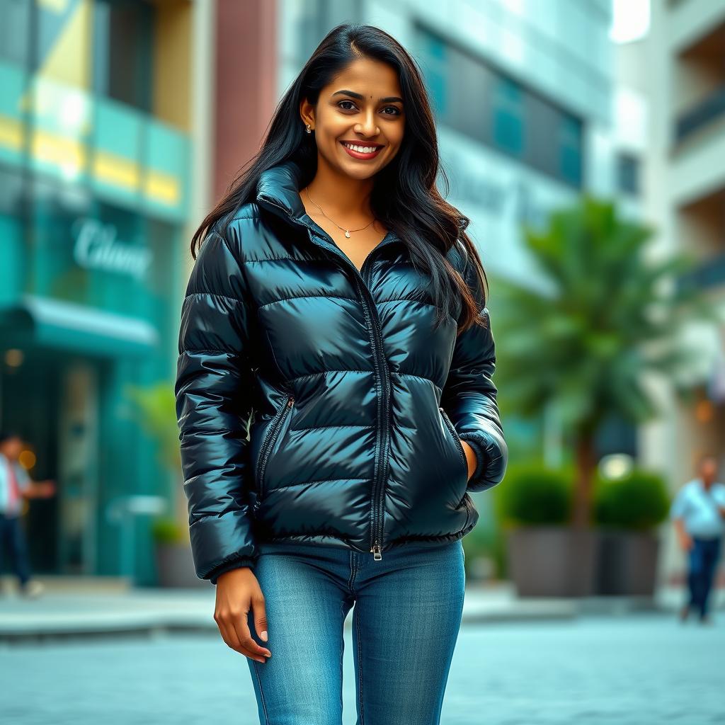 A fashionable Sri Lankan lady, 35 years old, wearing a shiny black puffa jacket