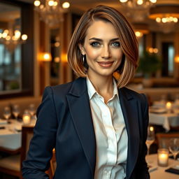 A stunning Russian woman aged 35 to 45 with a fashionable bob haircut, showcasing her graceful features