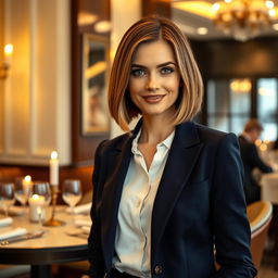 A stunning Russian woman aged 35 to 45 with a fashionable bob haircut, showcasing her graceful features