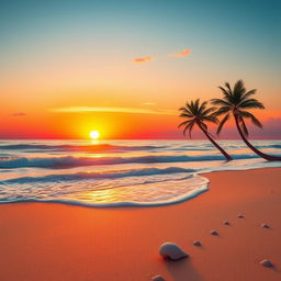 An elegantly crafted scene with a tranquil atmosphere, featuring a serene beach at sunset