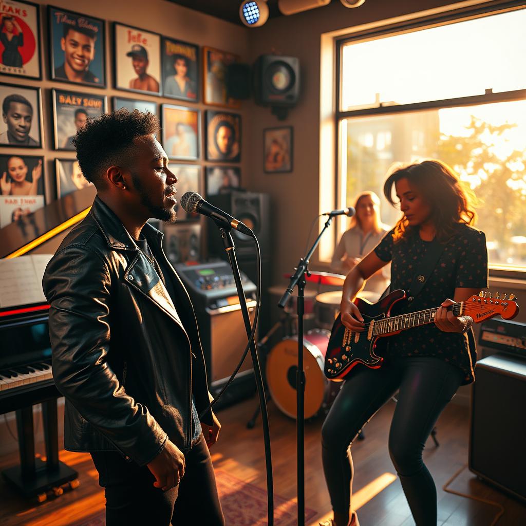 A vibrant scene depicting an R&B music studio filled with creative energy