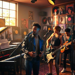 A vibrant scene depicting an R&B music studio filled with creative energy