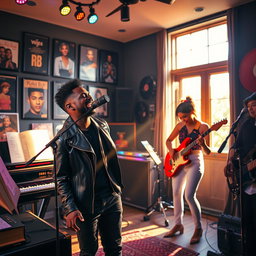A vibrant scene depicting an R&B music studio filled with creative energy