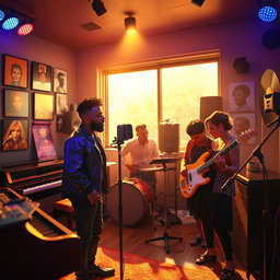 A vibrant scene depicting an R&B music studio filled with creative energy