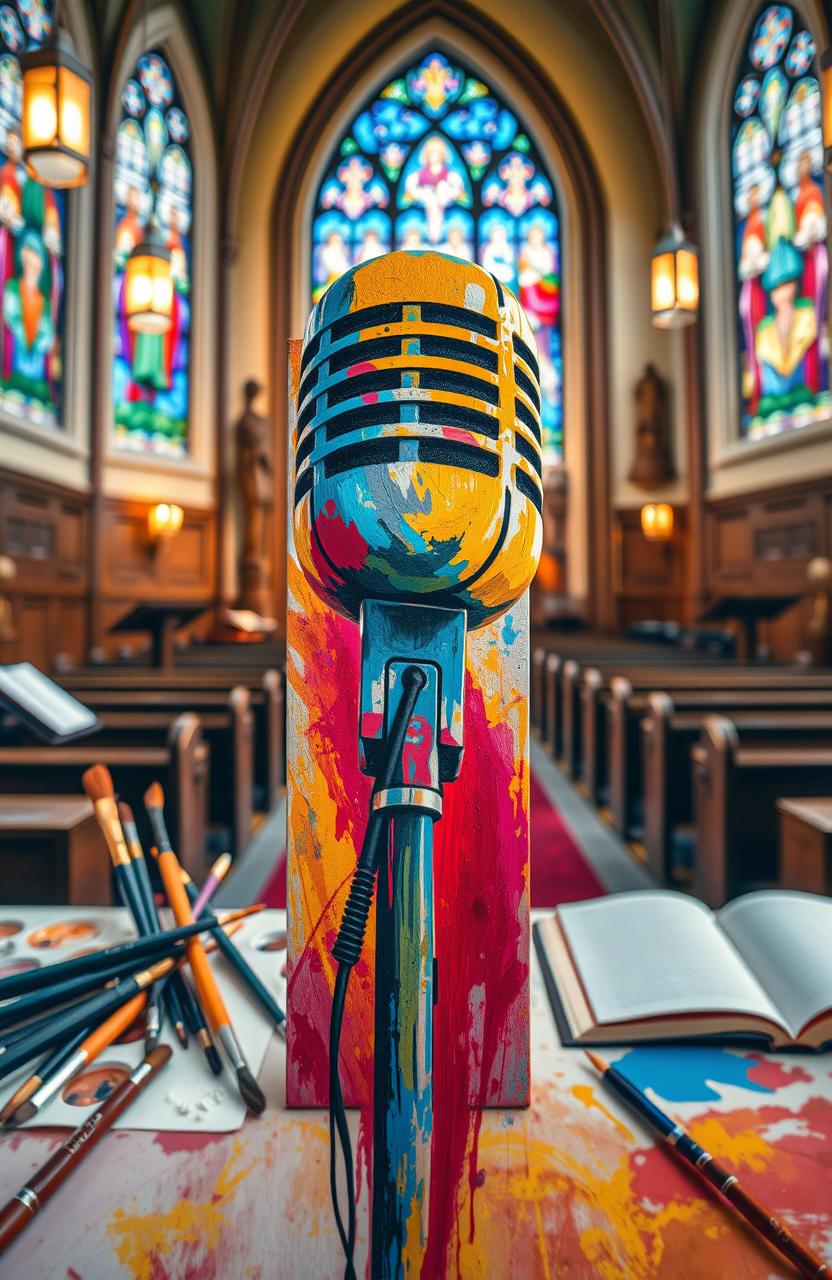 An artistic composition featuring a passionate artist who has transformed into a preacher
