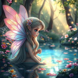 A whimsical scene depicting a fairy named Amara, with iridescent wings shimmering in various colors, surrounded by a beautiful forest filled with colorful flowers and twinkling lights