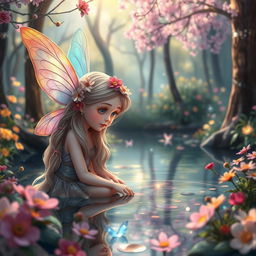 A whimsical scene depicting a fairy named Amara, with iridescent wings shimmering in various colors, surrounded by a beautiful forest filled with colorful flowers and twinkling lights
