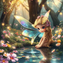 A whimsical scene depicting a fairy named Amara, with iridescent wings shimmering in various colors, surrounded by a beautiful forest filled with colorful flowers and twinkling lights