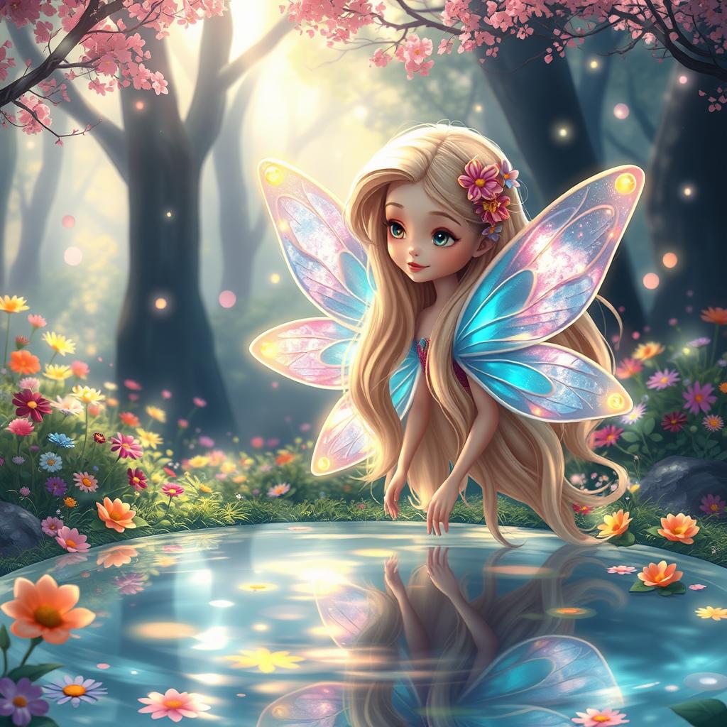 A whimsical scene depicting a fairy named Amara, with iridescent wings shimmering in various colors, surrounded by a beautiful forest filled with colorful flowers and twinkling lights
