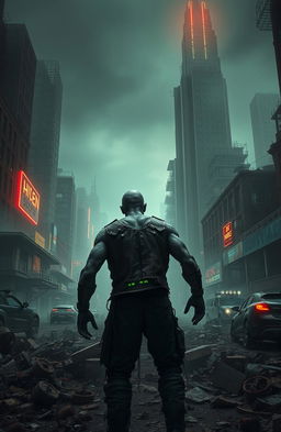 A lone muscular zombie warlord standing amidst the ruins of a cyberpunk post-apocalyptic city
