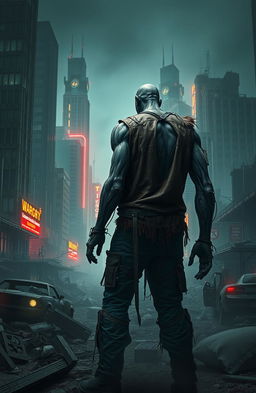 A lone muscular zombie warlord standing amidst the ruins of a cyberpunk post-apocalyptic city