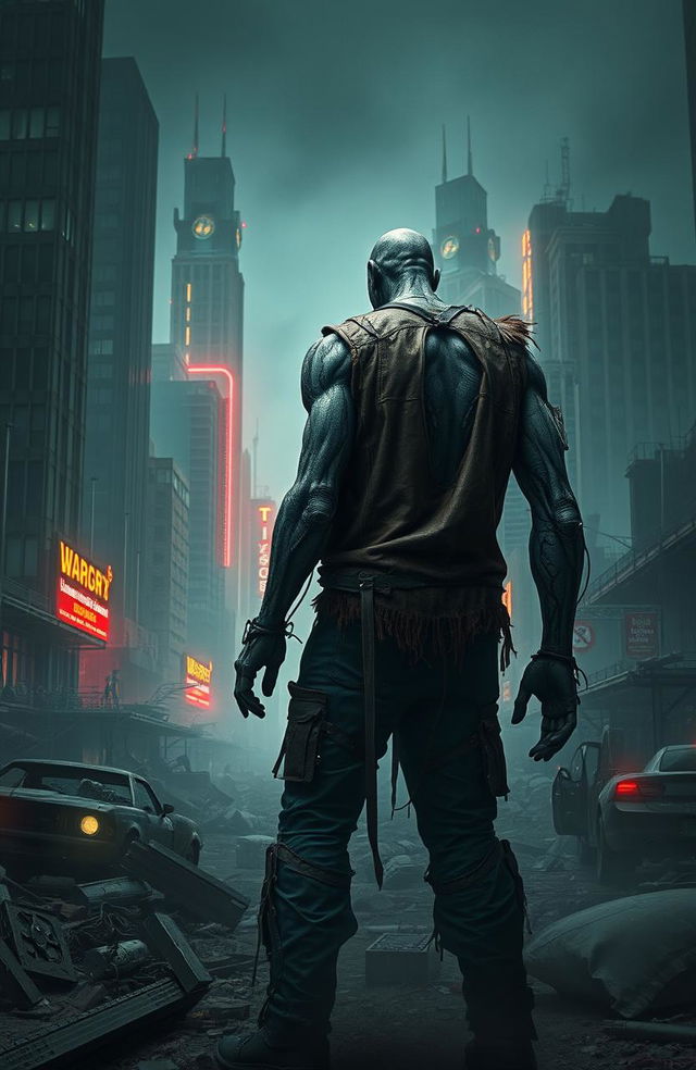 A lone muscular zombie warlord standing amidst the ruins of a cyberpunk post-apocalyptic city