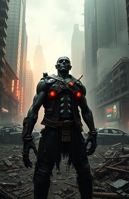A lone muscular zombie warlord standing amidst the ruins of a cyberpunk post-apocalyptic city