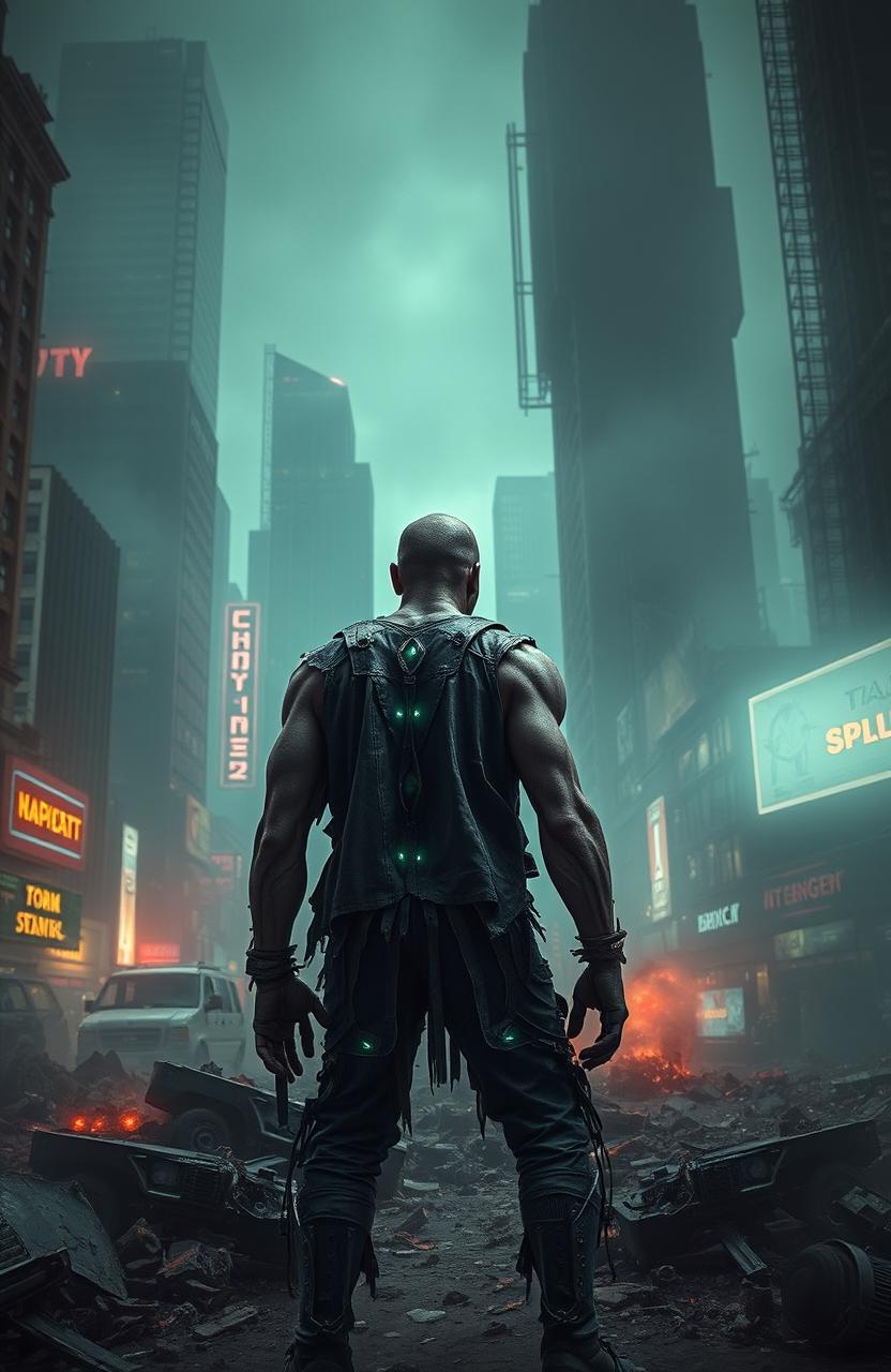 A lone muscular zombie warlord standing amidst the ruins of a cyberpunk post-apocalyptic city