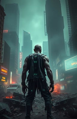 A lone muscular zombie warlord standing amidst the ruins of a cyberpunk post-apocalyptic city