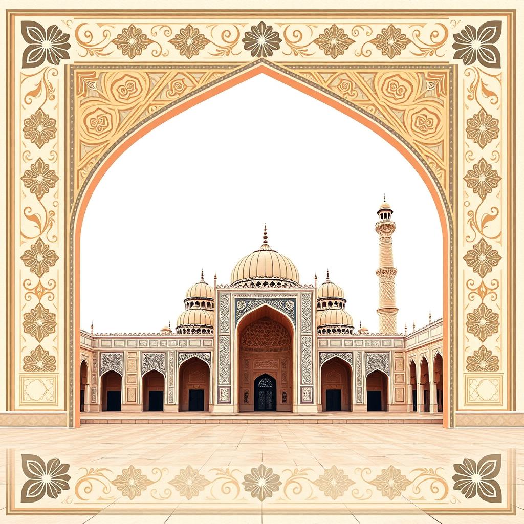 A beautifully crafted digital postcard background themed around Isfahan, featuring a prominent border design inspired by the architectural elegance of Ali Qapu Palace