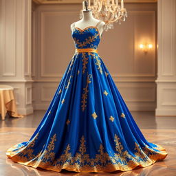 A stunning prom dress featuring a royal blue and gold-yellow color combination