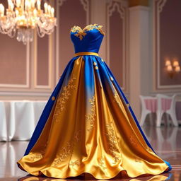 A stunning prom dress featuring a royal blue and gold-yellow color combination