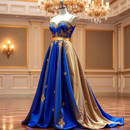 A stunning prom dress featuring a royal blue and gold-yellow color combination