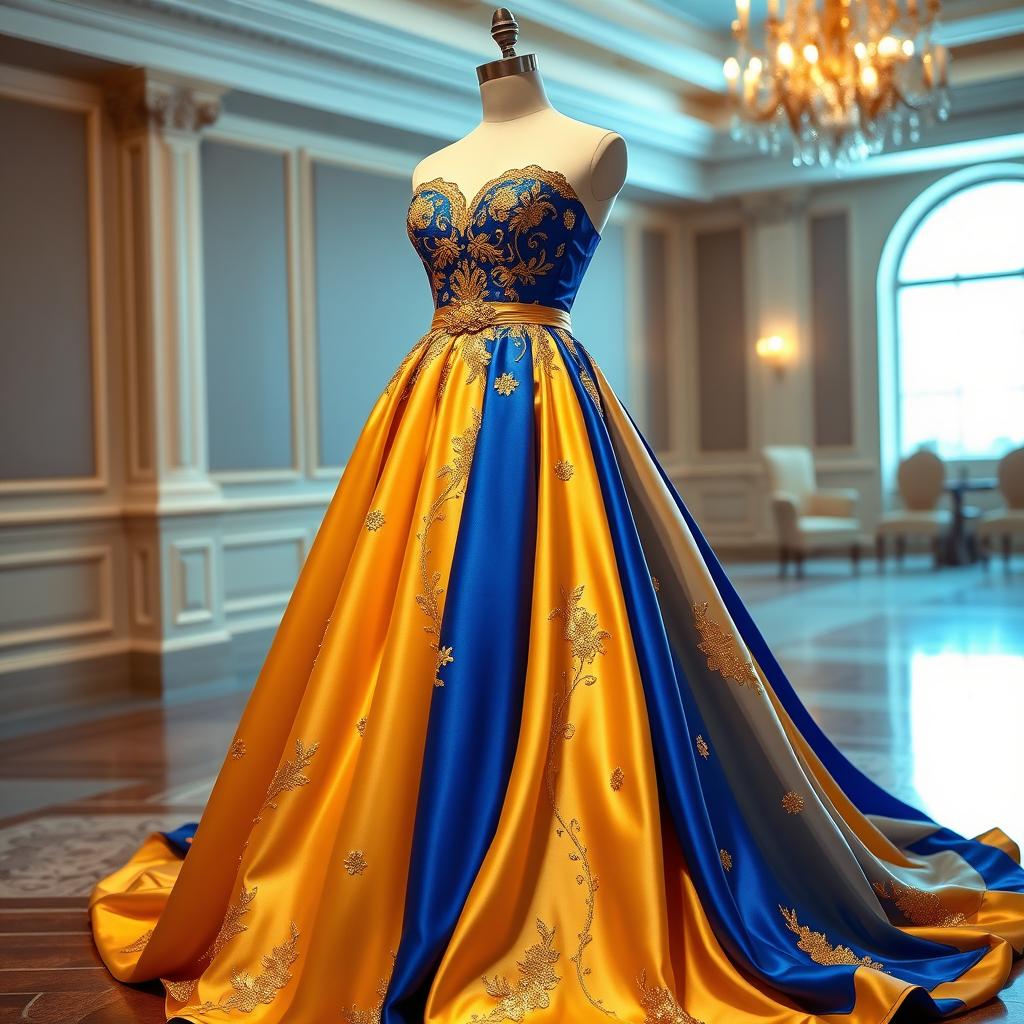A stunning prom dress featuring a royal blue and gold-yellow color combination