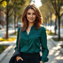 A captivating Russian woman aged 35 to 45, showcasing a trendy hairstyle that highlights her elegant features