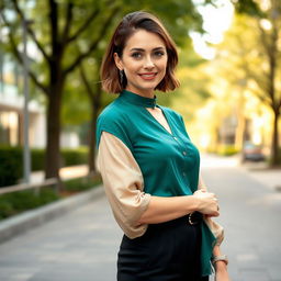 A captivating Russian woman aged 35 to 45, showcasing a trendy hairstyle that highlights her elegant features