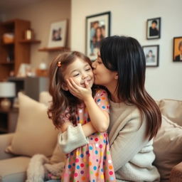 A heartwarming scene capturing a young girl giving her mother a sweet kiss on the cheek