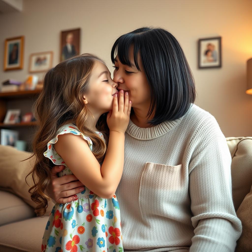 A heartwarming scene capturing a young girl giving her mother a sweet kiss on the cheek