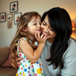 A heartwarming scene capturing a young girl giving her mother a sweet kiss on the cheek