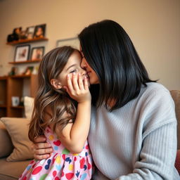 A heartwarming scene capturing a young girl giving her mother a sweet kiss on the cheek
