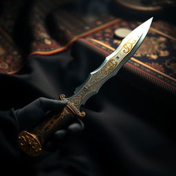 A beautifully crafted Persian dagger known as a 'Kris', featuring intricate gold inlay and ornate patterns along the blade