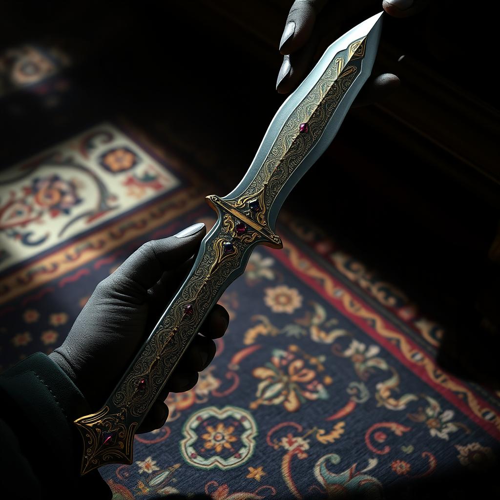 A beautifully crafted Persian dagger known as a 'Kris', featuring intricate gold inlay and ornate patterns along the blade