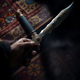 A beautifully crafted Persian dagger known as a 'Kris', featuring intricate gold inlay and ornate patterns along the blade
