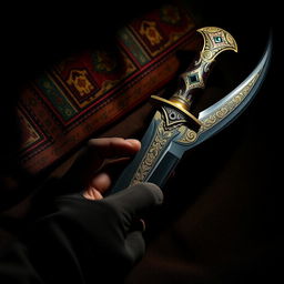 A beautifully crafted Persian dagger known as a 'Kris', featuring intricate gold inlay and ornate patterns along the blade