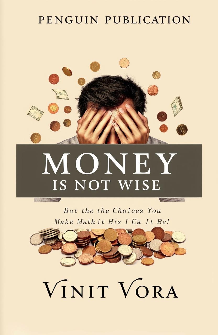 Book cover design featuring a classy and elegant background image of a stressed human surrounded by scattered coins and money