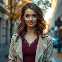 A captivating Russian beauty aged 35 to 45, sporting a fashionable hairstyle that enhances her elegant demeanor