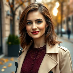 A captivating Russian beauty aged 35 to 45, sporting a fashionable hairstyle that enhances her elegant demeanor