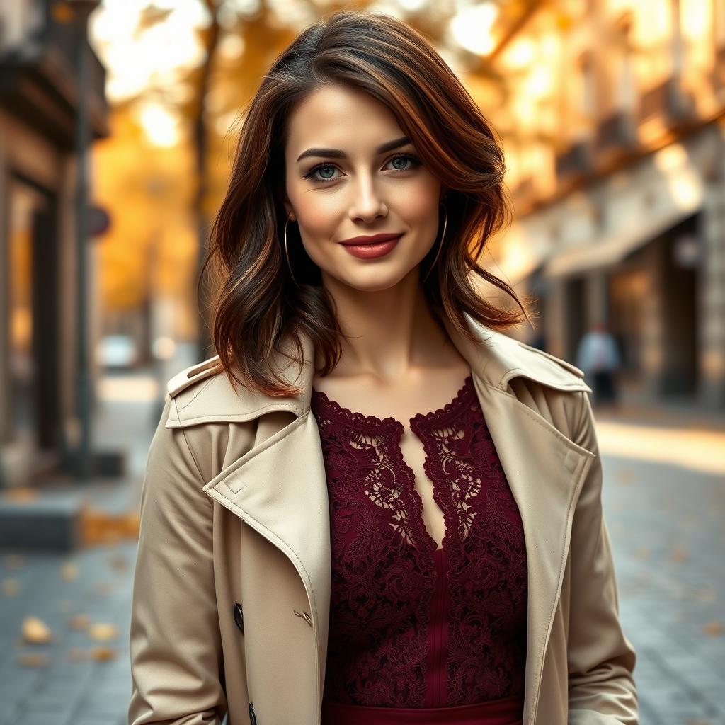 A captivating Russian beauty aged 35 to 45, sporting a fashionable hairstyle that enhances her elegant demeanor