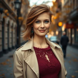 A captivating Russian beauty aged 35 to 45, sporting a fashionable hairstyle that enhances her elegant demeanor