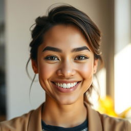 A portrait of a person with a bright, warm smile and well-groomed eyebrows, radiating positivity and joy